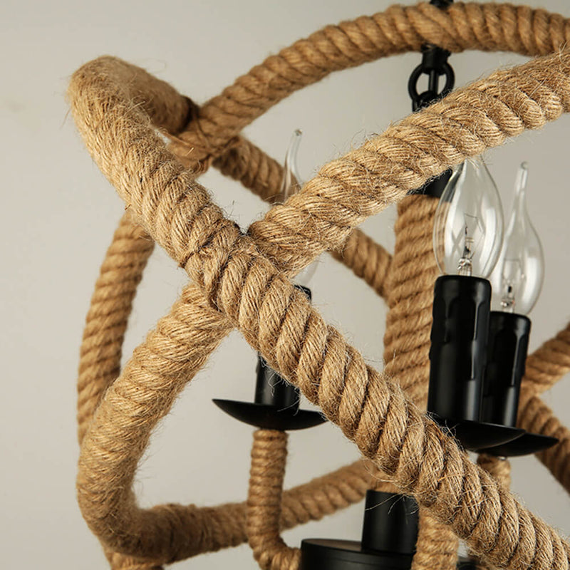 Contemporary Industrial Hemp Rope Round 4-Light Pendant Light For Dining Room