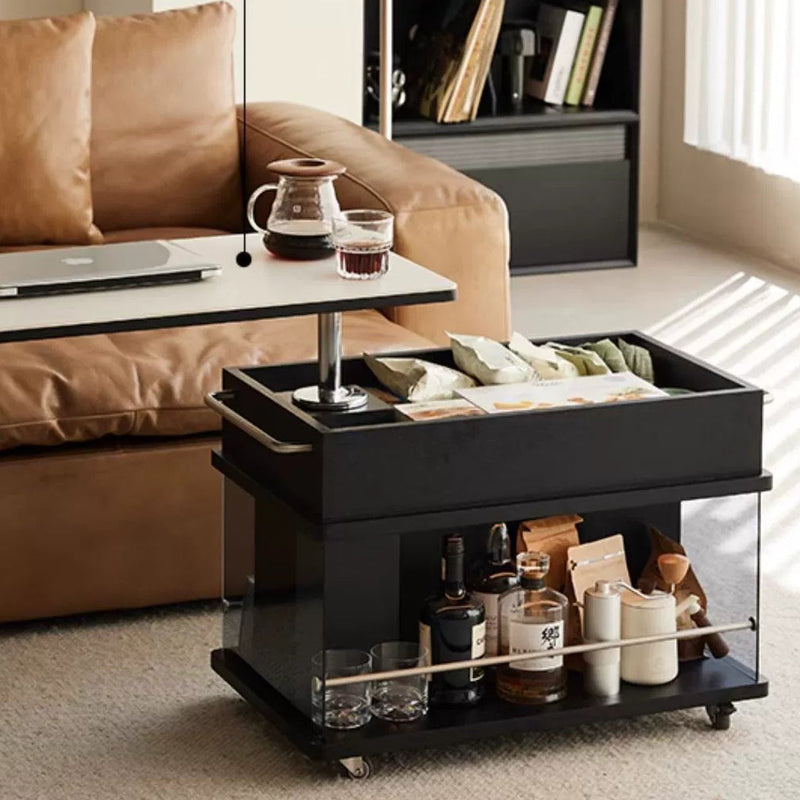Moderner minimalistischer rechteckiger Holzplatten-Glas-Edelstahl-Beistelltisch mit 3-Staufächern, anhebbar für das Wohnzimmer 