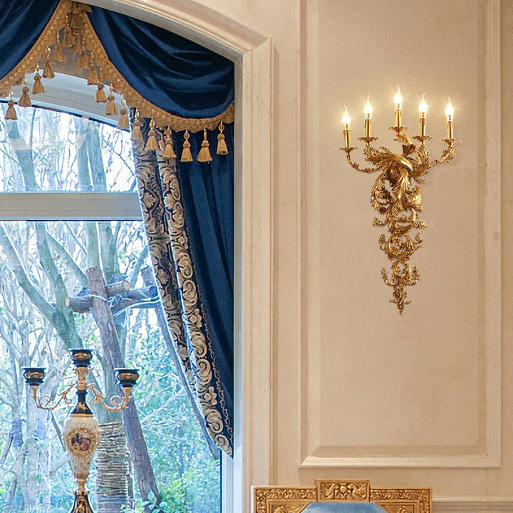 Lámpara de pared con brazo de lámpara tallado de cobre completo francés tradicional Candelabro de palacio de 5 luces para sala de estar 