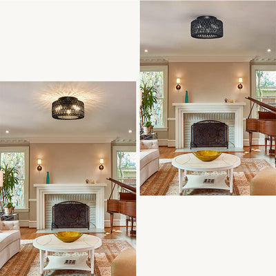 Contemporary Boho Rattan Weaving Cage 3-Light Semi-Flush Mount Ceiling Light For Living Room