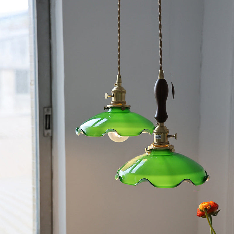 Traditionelle chinesische Blumenrolle Messing Glas 1-Licht Pendelleuchte für Wohnzimmer 