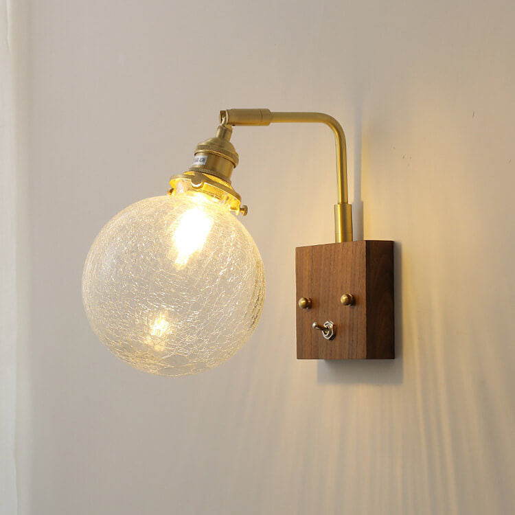 Japanese Vintage Textured Glass Round Ball Walnut Brass 1-Light Wall Sconce Lamp