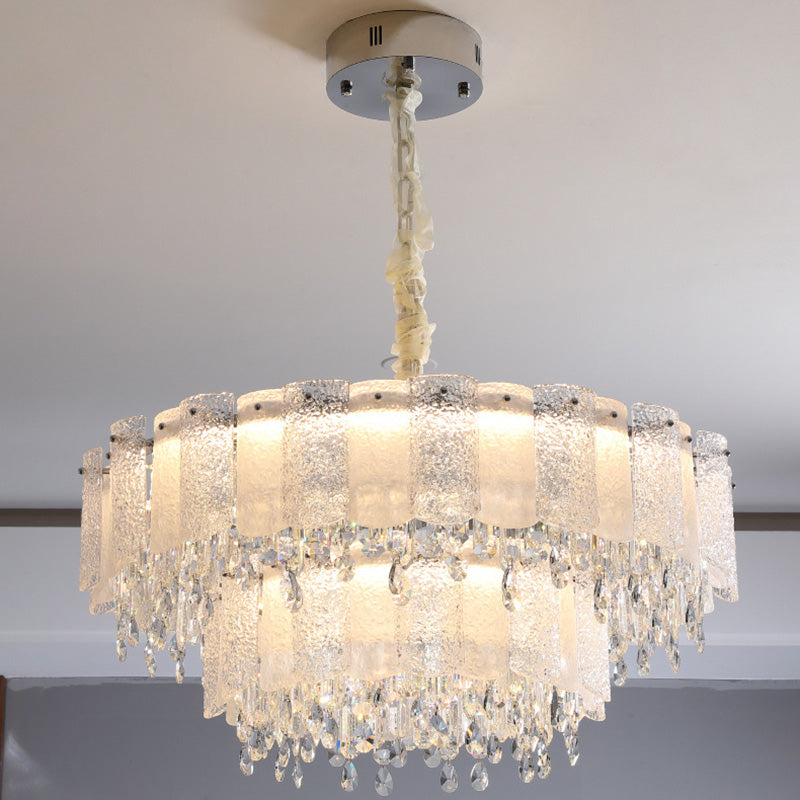 Traditionelle französische runde Ripple-Metallkristallglas-LED-Kronleuchter für Wohnzimmer 
