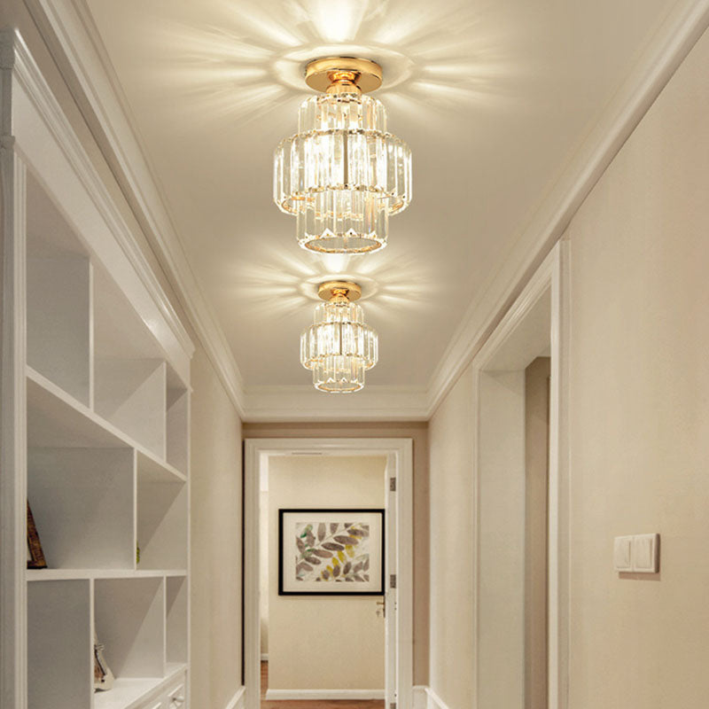 Modern Luxury Cylinder Iron Crystal 1-Light Semi-Flush Mount Ceiling Light For Hallway