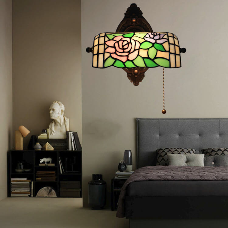 Traditional Vintage Tiffany Floral Stained Glass 1-Light Zipper Wall Sconce Lamp For Living Room