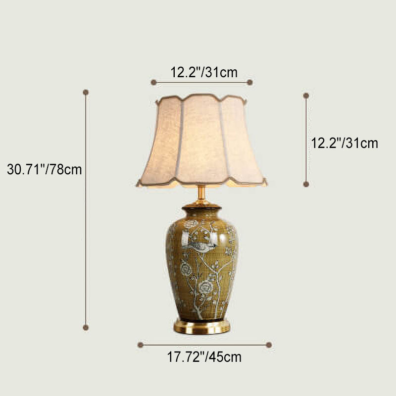 Retro Chinese Ceramic Canvas Shade Copper Base 1-Light Table Lamp