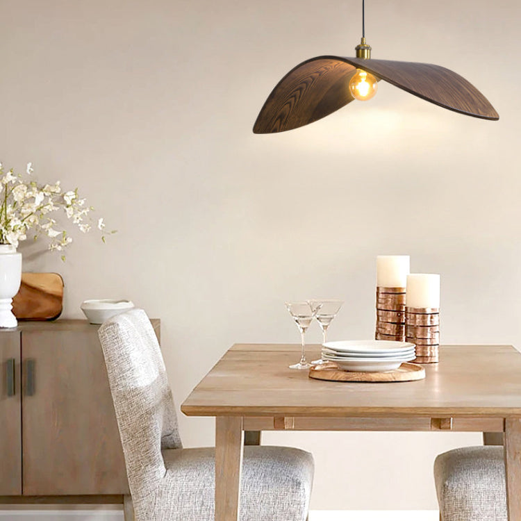 Traditionelle japanische Pendelleuchte mit 1 Licht und Walnussholzmaserung in Blattform für Esszimmer 