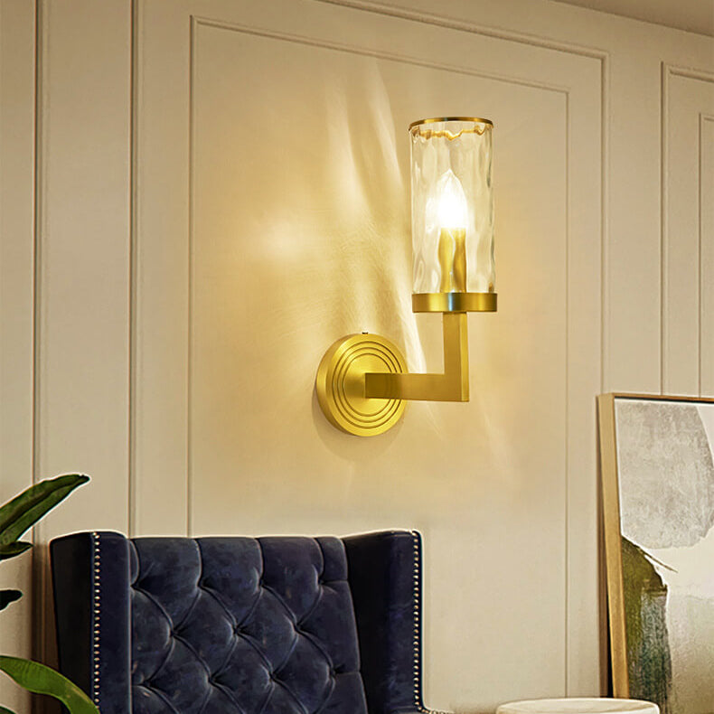 Modern Luxury Textured Glass Cylinder Round Brass 1-Light Wall Sconce Lamp for Living Room