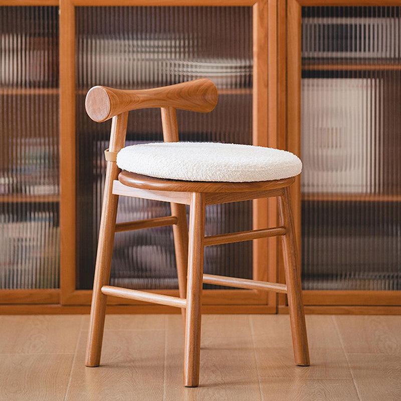 Taburete tocador redondo de madera de estilo moderno y sencillo con tela sherpa, respaldo y reposapiés para dormitorio 