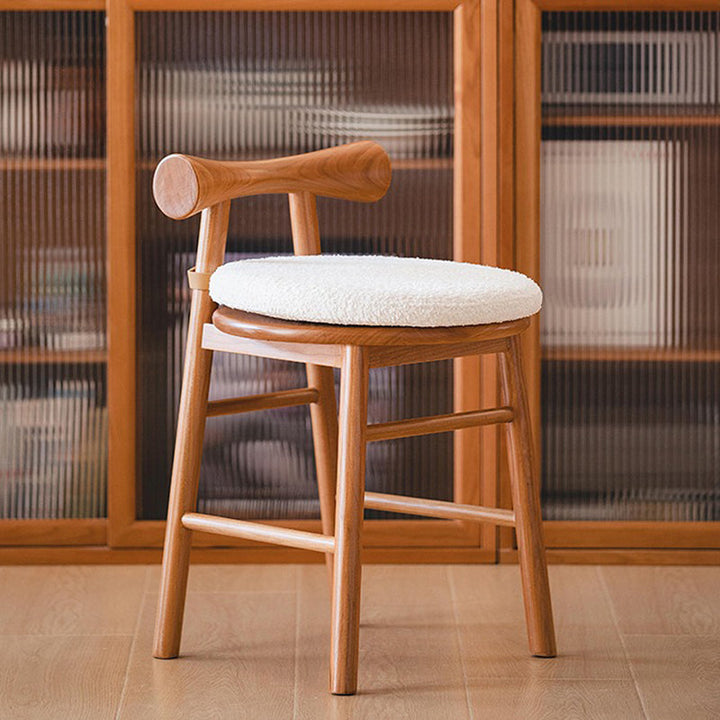 Taburete tocador redondo de madera de estilo moderno y sencillo con tela sherpa, respaldo y reposapiés para dormitorio 
