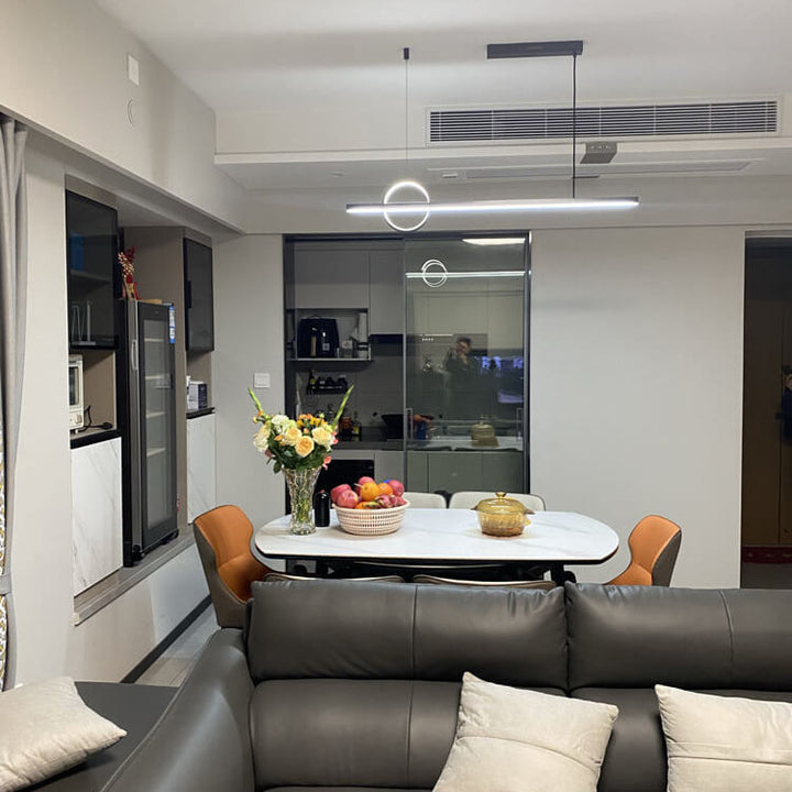 Lámpara colgante LED para isla de cocina de acrílico y cobre con diseño moderno minimalista de líneas y círculos para sala de estar 