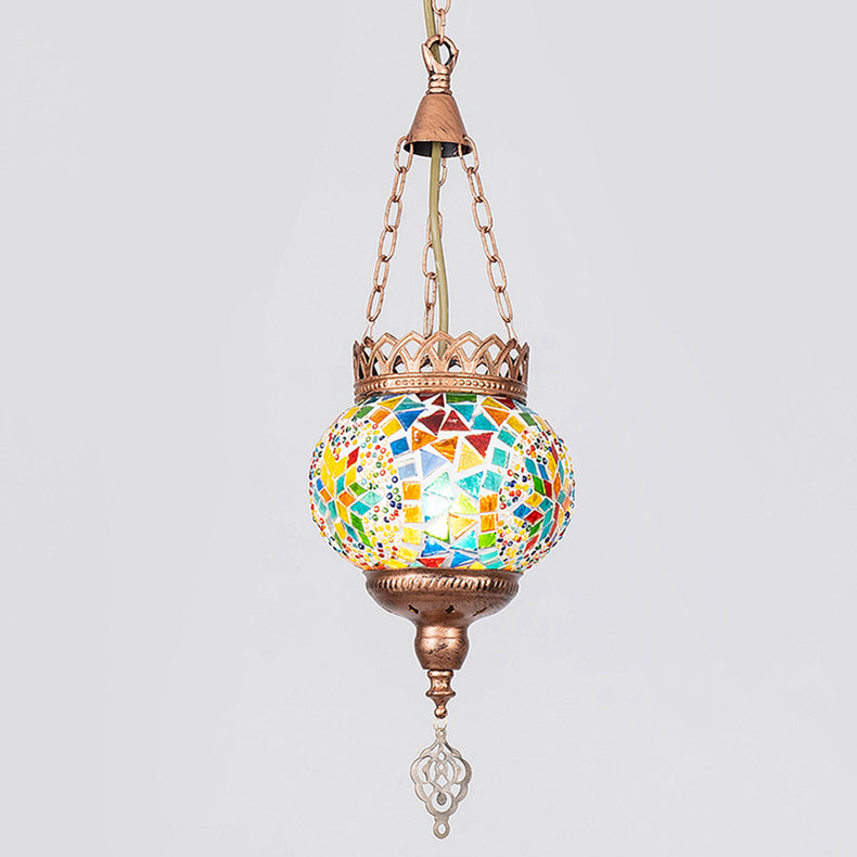 Lampe suspendue à 1 lumière avec abat-jour en verre teinté et cadre en fer bohème contemporain pour salon 