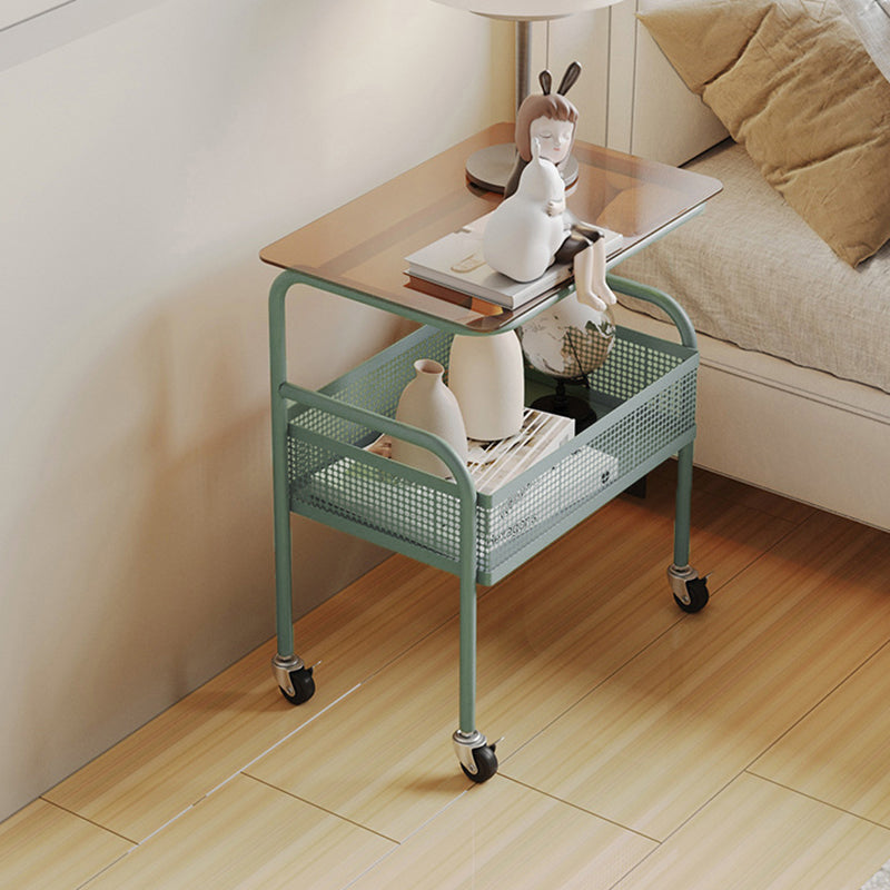 Contemporary Scandinavian Rectangular Iron Top Tempered Glass End Table 2-Tier For Living Room
