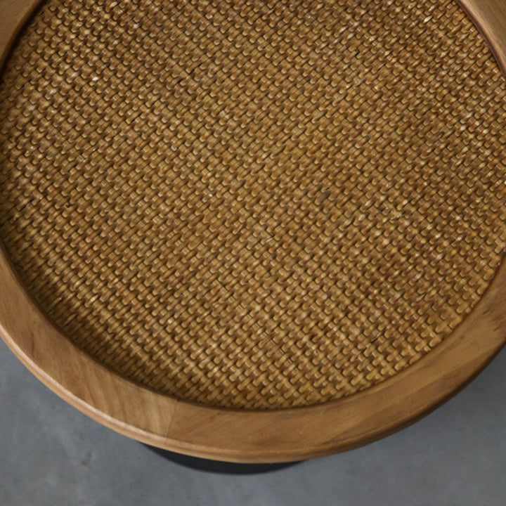 Traditional Vintage Round Rattan Iron Pine Coffee Table 1-Tier For Living Room