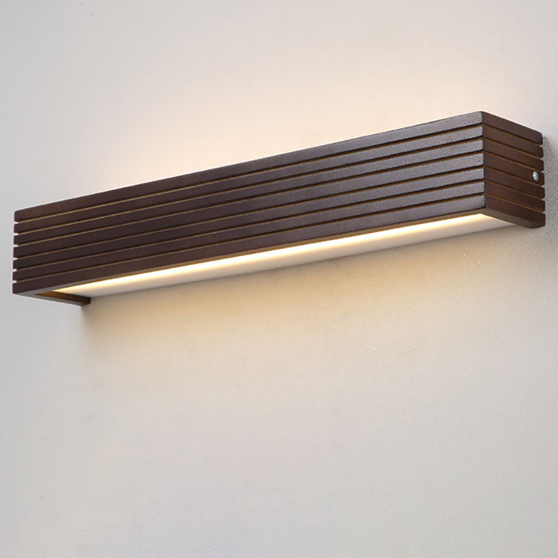 Traditional Chinese Striped Wood Cuboid LED Vanity Mirror Front Wall Sconce Lamp For Bathroom