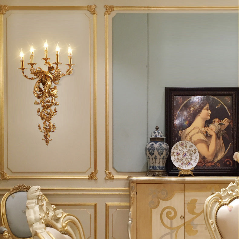 Traditionelle französische Vollkupfer geschnitzte Lampe Arm Palace Kandelaber 5-Licht Wandleuchte Lampe für Wohnzimmer 