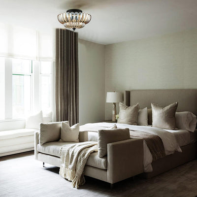 Zeitgenössische Luxus-Deckenleuchte mit Blumenmuster, Glas und Eisen, 3 Lichter, halbbündige Montage, für Schlafzimmer 