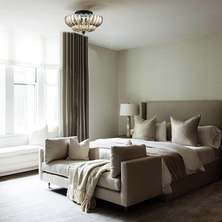 Zeitgenössische Luxus-Deckenleuchte mit Blumenmuster, Glas und Eisen, 3 Lichter, halbbündige Montage, für Schlafzimmer 