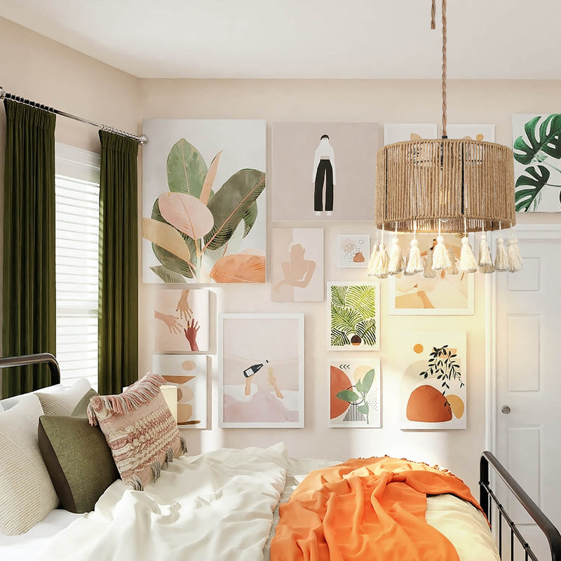 Moderne Küsten-Pendelleuchte mit runder Quaste aus Hanfseil und Rattan, 1 Licht, für Schlafzimmer 
