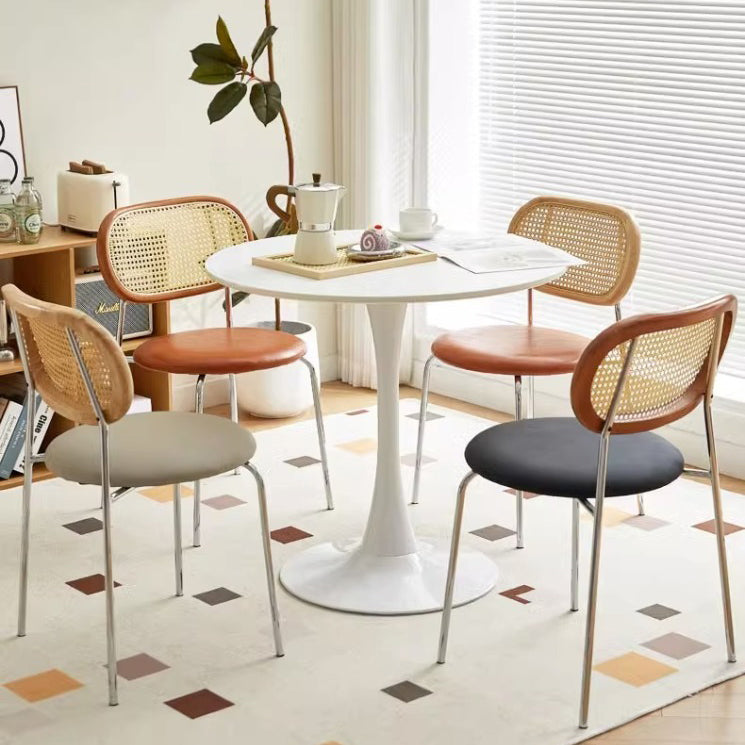 Contemporary Vintage Round Rectangular Rubberwood Plywood Iron Faux Leather PE Rattan Dining Chair Backrest For Dining Room