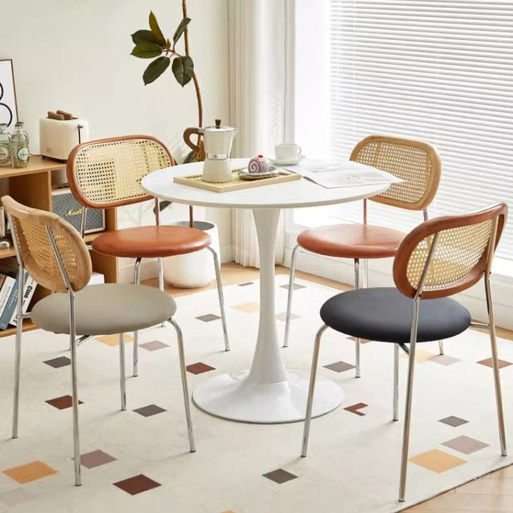Contemporary Vintage Round Rectangular Rubberwood Plywood Iron Faux Leather PE Rattan Dining Chair Backrest For Dining Room