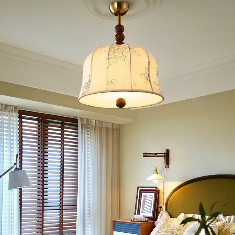 Lámpara colgante de 1 luz de tela floral redonda romántica francesa tradicional de madera y metal para dormitorio 