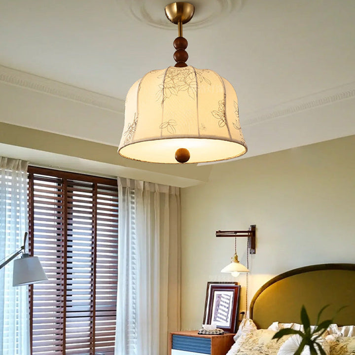 Lámpara colgante de 1 luz de tela floral redonda romántica francesa tradicional de madera y metal para dormitorio 