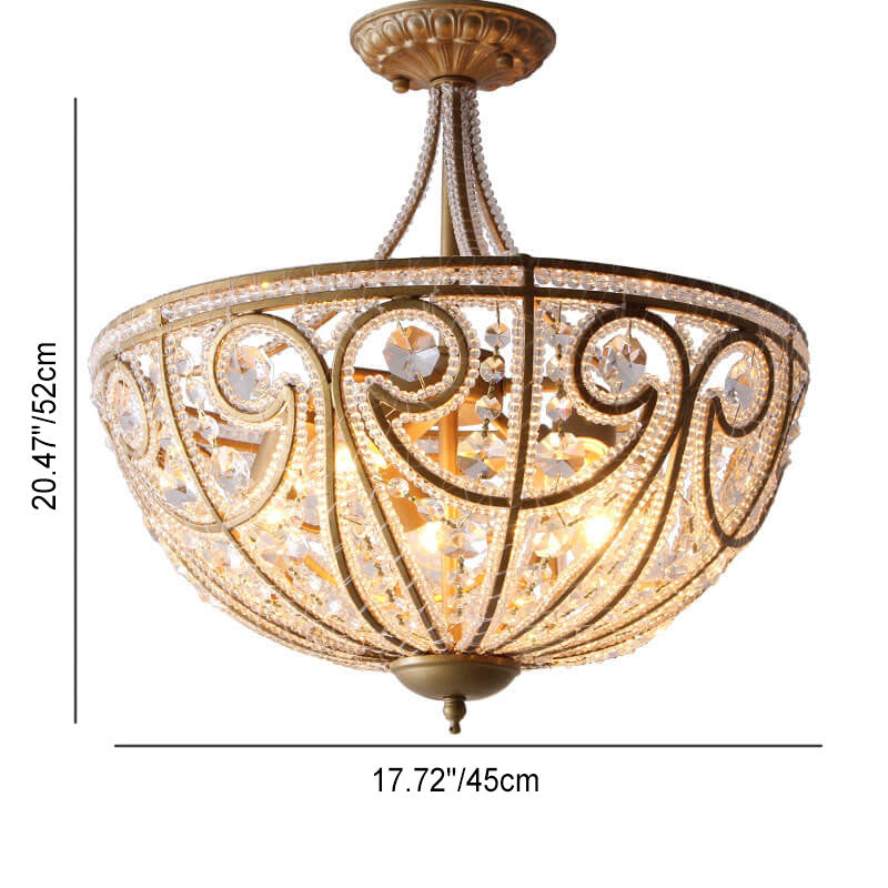 Traditional French Crystal Bead Strings Bowl Gold Iron 5-Light Semi-Flush Mount Ceiling Light For Living Room