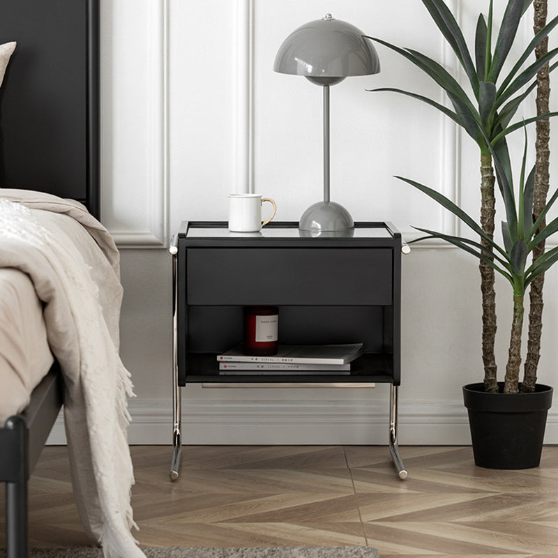 Table de nuit contemporaine scandinave rectangulaire en bois massif inox et verre 1 tiroir pour chambre 
