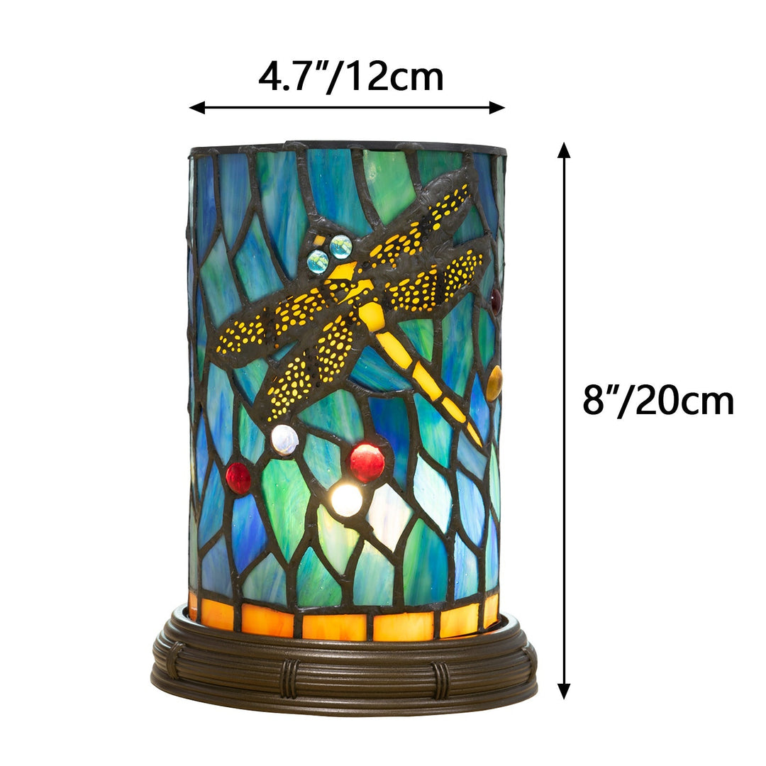 Traditionelle Tiffany-Buntglas-Libellen-Zylinderschirm-Harzsockel-LED-USB-Tischlampe für Unterhaltungsräume 