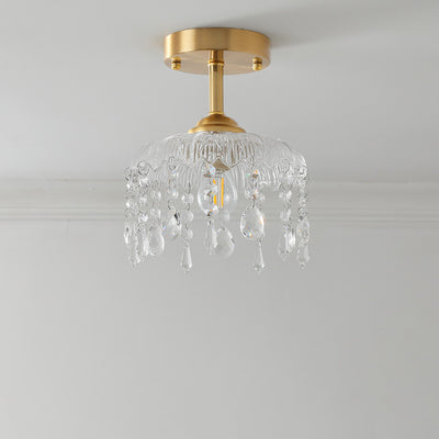 Traditionelle französische runde Deckenleuchte aus Eisen, Kupfer, Glas und Kristall, 1-flammig, halbbündige Montage, für Schlafzimmer 