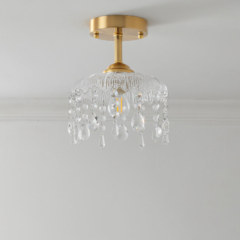 Traditionelle französische runde Deckenleuchte aus Eisen, Kupfer, Glas und Kristall, 1-flammig, halbbündige Montage, für Schlafzimmer 
