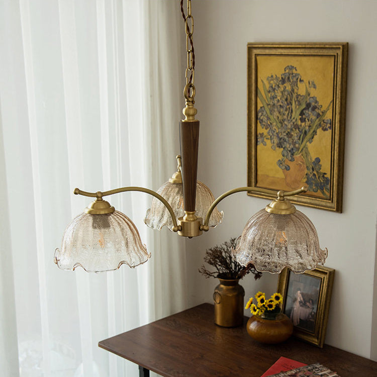 Traditional Vintage Petals All Copper Log Glass 3/5 Light Chandelier For Living Room