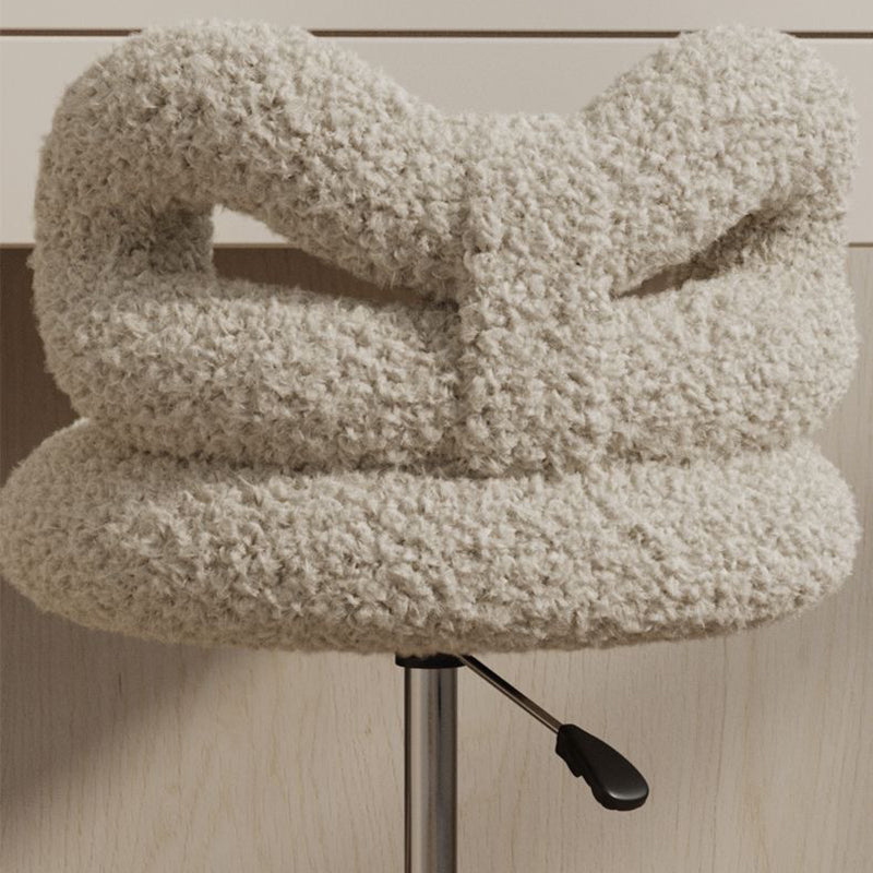 Moderner Art-Deco-Schmetterlingsknoten runder Sherpa-Stoff-Kunstleder-Metall-Schminktischhocker mit Rückenlehne, ohne Armlehnen, für das Schlafzimmer 