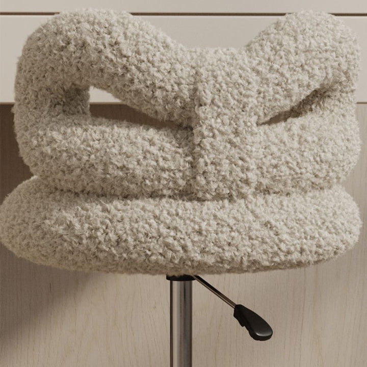 Moderner Art-Deco-Schmetterlingsknoten runder Sherpa-Stoff-Kunstleder-Metall-Schminktischhocker mit Rückenlehne, ohne Armlehnen, für das Schlafzimmer 