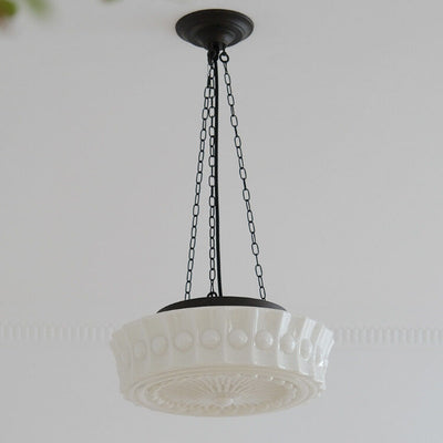 French Vintage White Jade Glass Stripes Round Drum 1-Light Semi-Flush Mount Ceiling Light