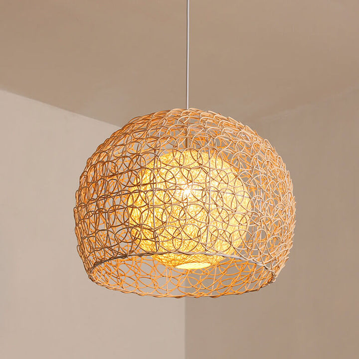 Contemporary Boho Round Faux Rattan Weaving 1-Light Pendant Light For Dining Room