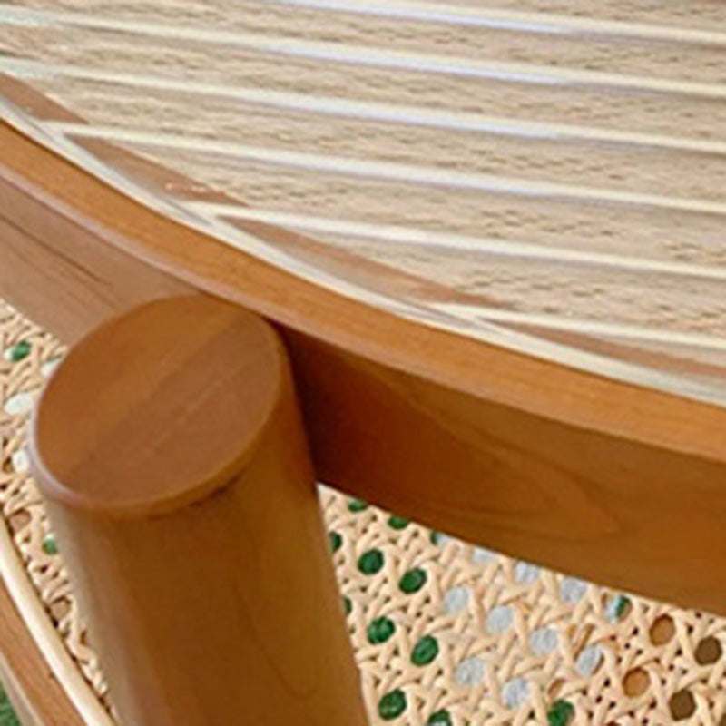 Modern Minimalist Round Horizontal Strip Glass Plastic Rattan Rubberwood Coffee Table 2-Tier For Living Room