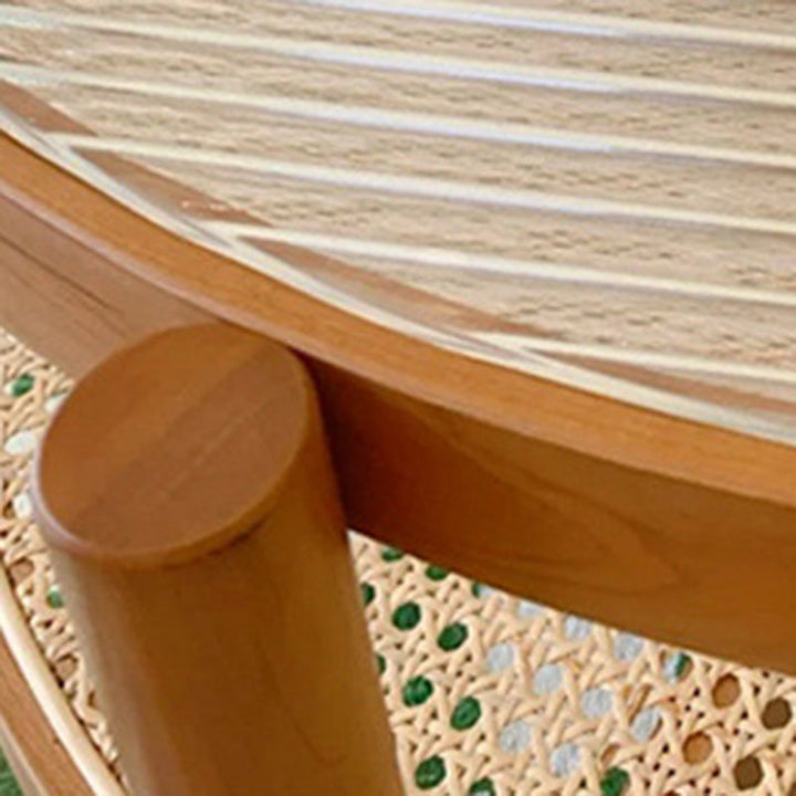 Modern Minimalist Round Horizontal Strip Glass Plastic Rattan Rubberwood Coffee Table 2-Tier For Living Room