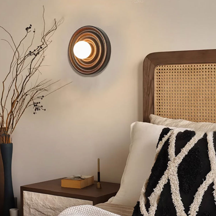 Traditionelle japanische Wabi-Sabi Holz Wachstumsring Glaskugel Schatten 1-Licht Wandleuchte Lampe für Schlafzimmer 