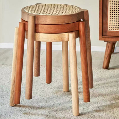 Traditional Japanese Round Rattan Weaving Ash Wood Frame Stackable Low Stool For Living Room