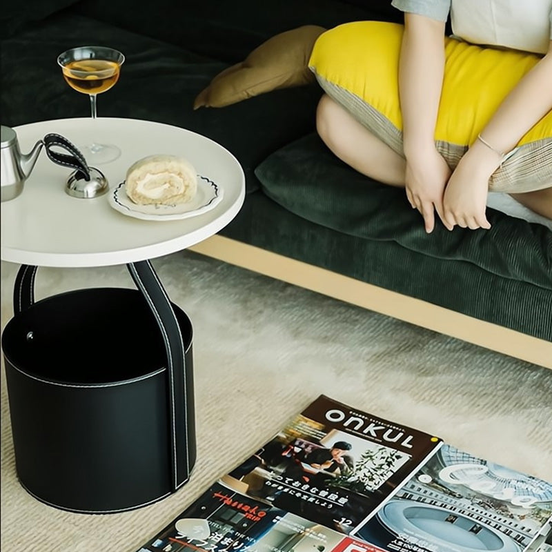 Contemporary Creative Round Barrel Faux Saddle Leather Stainless Steel Coffee Table Tote For Living Room