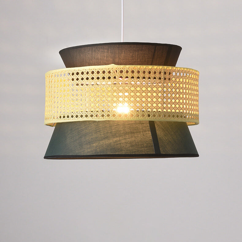 Traditional Japanese Rattan Weaving Fabric Round Shade 1-Light Pendant Light For Dining Room