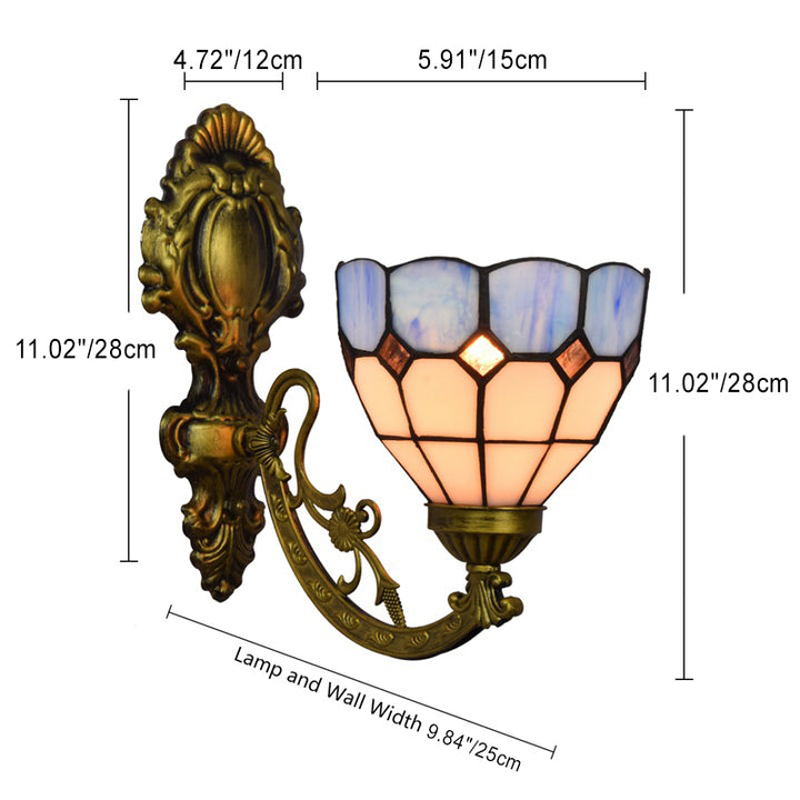 Traditionelle 1-flammige Tiffany-Wandleuchte aus Eisen mit Buntglas, Kristall und Blumenmotiv für das Wohnzimmer 