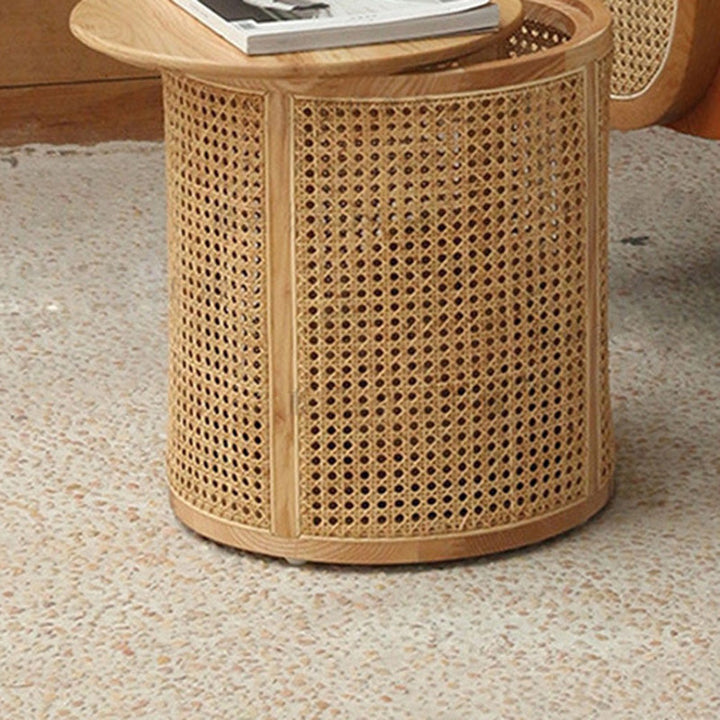 Contemporary Scandinavian Cylindrical Ash Wood Indonesian Rattan Coffee Table For Living Room