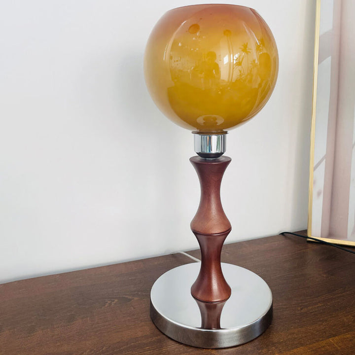 Französische Vintage Kugelglas Holz 1-Licht Tischlampe 
