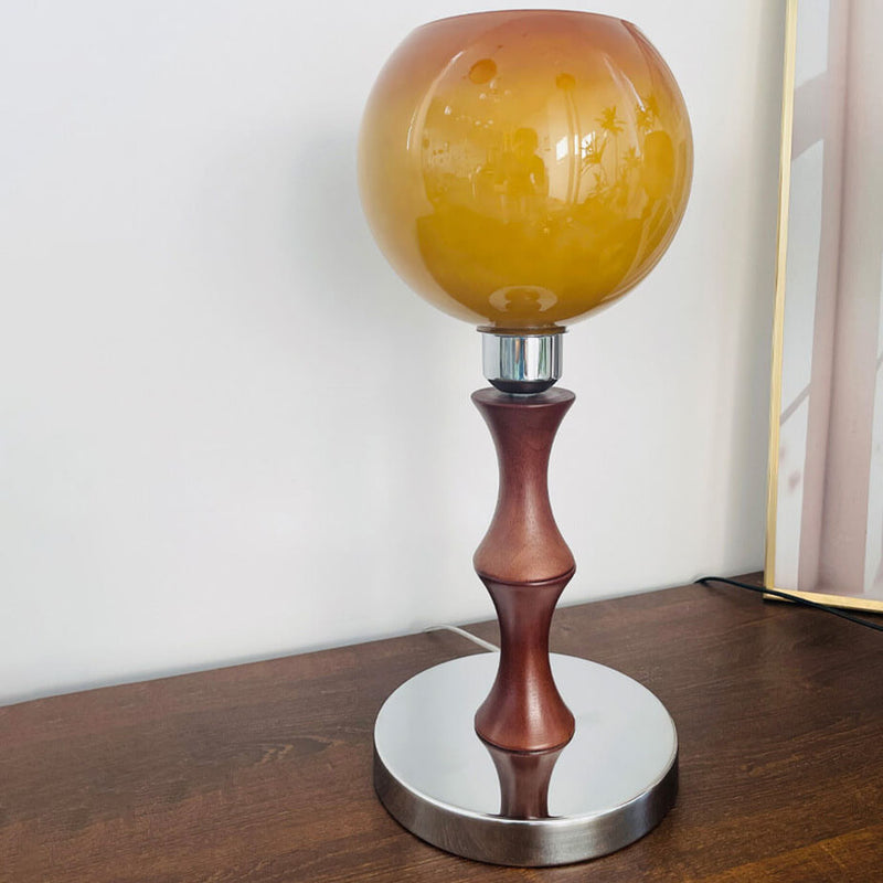 French Vintage Spherical Glass Wood 1-Light Table Lamp