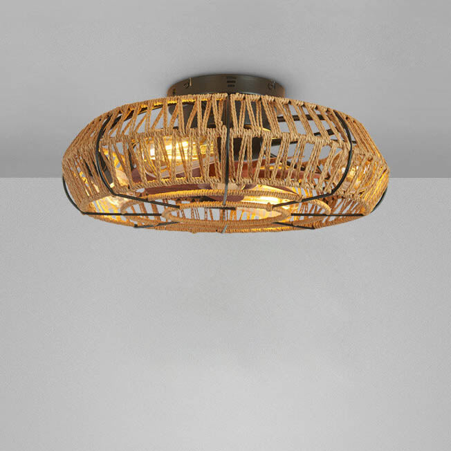 Traditionelle rustikale runde Trommel Eisen Hanfseil 4-Licht Semi-Flush Mount Deckenventilator Licht für das Schlafzimmer 