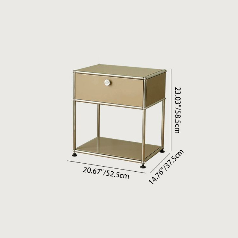 Table de nuit moderne minimaliste en acier inoxydable avec cadre carré, planche à vide en plastique et 1 tiroir pour chambre 