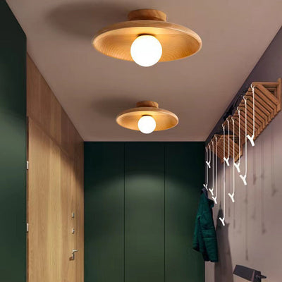 Zeitgenössische Einfachheit Runde Holz Glas 1-Licht Halb Flush Mount Deckenleuchte für Wohnzimmer